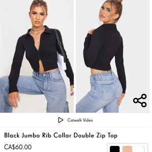 PRETTYLITTLETHING Black Jumbo Rib Collar Double Zip Top